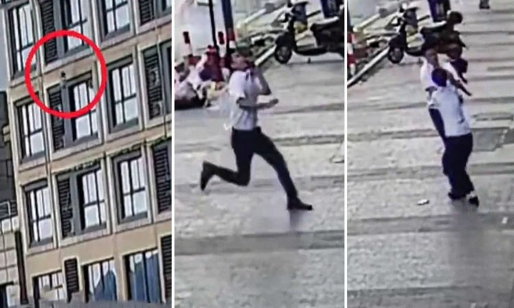 Hombre atrapa una niña al caer por una ventana de un edificio en China